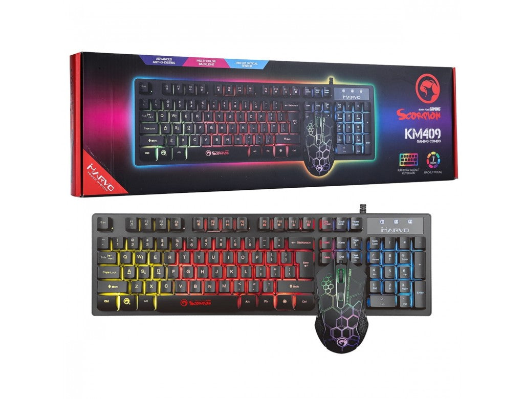 Marvo Scorpion KM409 7 LED USB Gaming Keyboard and Mouse Combo Rainbow Backlit Keyboard